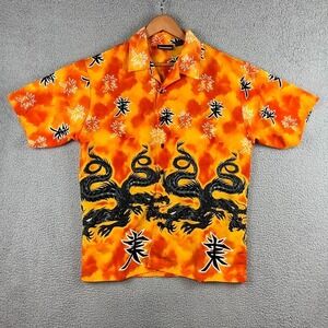 VINTAGE ODO Shirt Mens Medium‎ Orange Yellow Dragon Short Sleeve 90s Y2K Rave